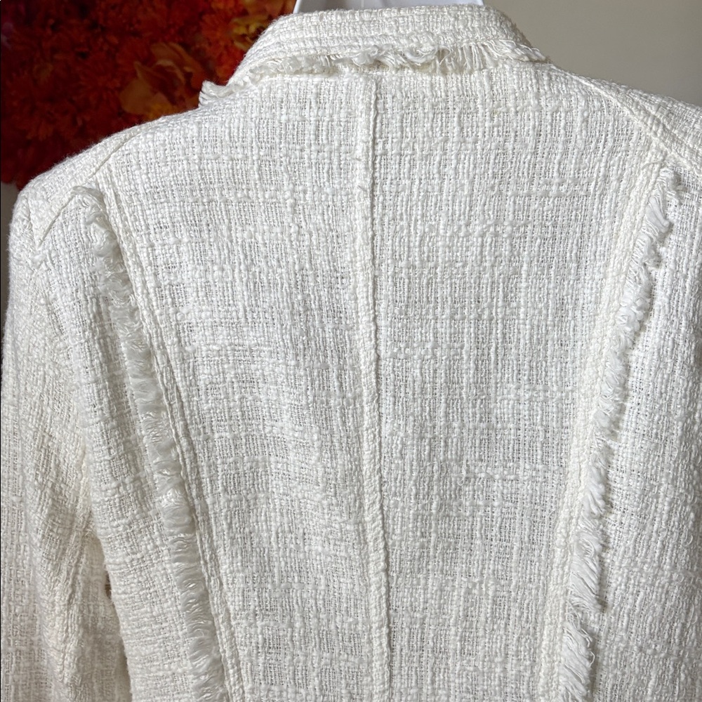 Carolina Belle Montreal White Edgy Tweed Frayed Trim Moto Jacket Blazer - Picture 12 of 13